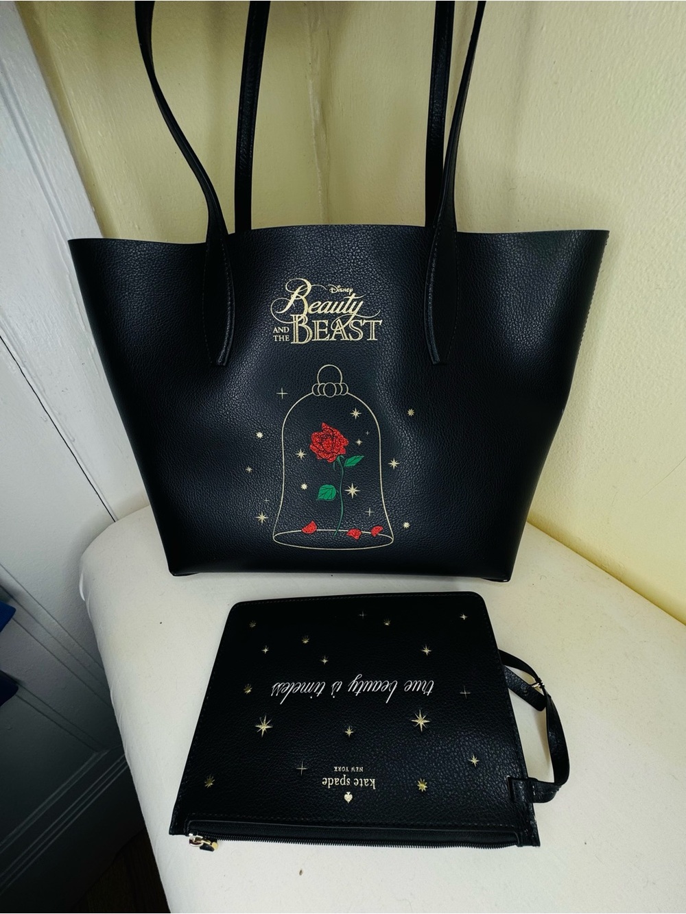 kate spade black Beauty and the Beast Rose Tote with Zipped Pouch